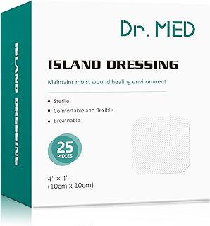 Dr. Med 25PCS Island Dressing, 4"X4" Sterile Self-Adhesive Dressing Pad, High Absorption Emergency Wound Dressing, Painles...