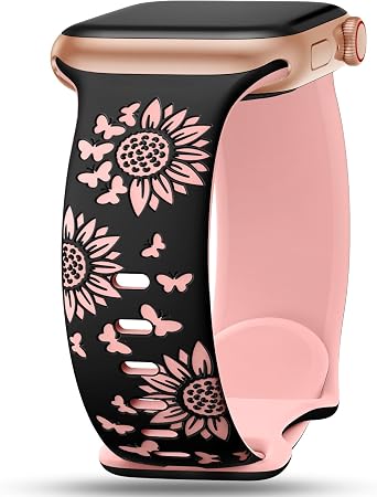Sunnywoo Floral Engraved Band Compatible with Apple Watch Band 38mm 40mm 41mm 42mm 44mm 45mm 46mm 49mm for Women, Soft Silicone Strap Sunflower Bands for iWatch Series SE 10 9 8 7 6 5 4 3 2 1 Ultra