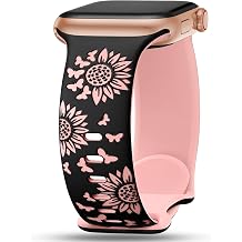 Sunnywoo Floral Engraved Band Compatible with Apple Watch Band 38mm 40mm 41mm 42mm 44mm 45mm 46mm 49mm for Women, Soft Silicone Strap Sunflower Bands for iWatch Series SE 10 9 8 7 6 5 4 3 2 1 Ultra