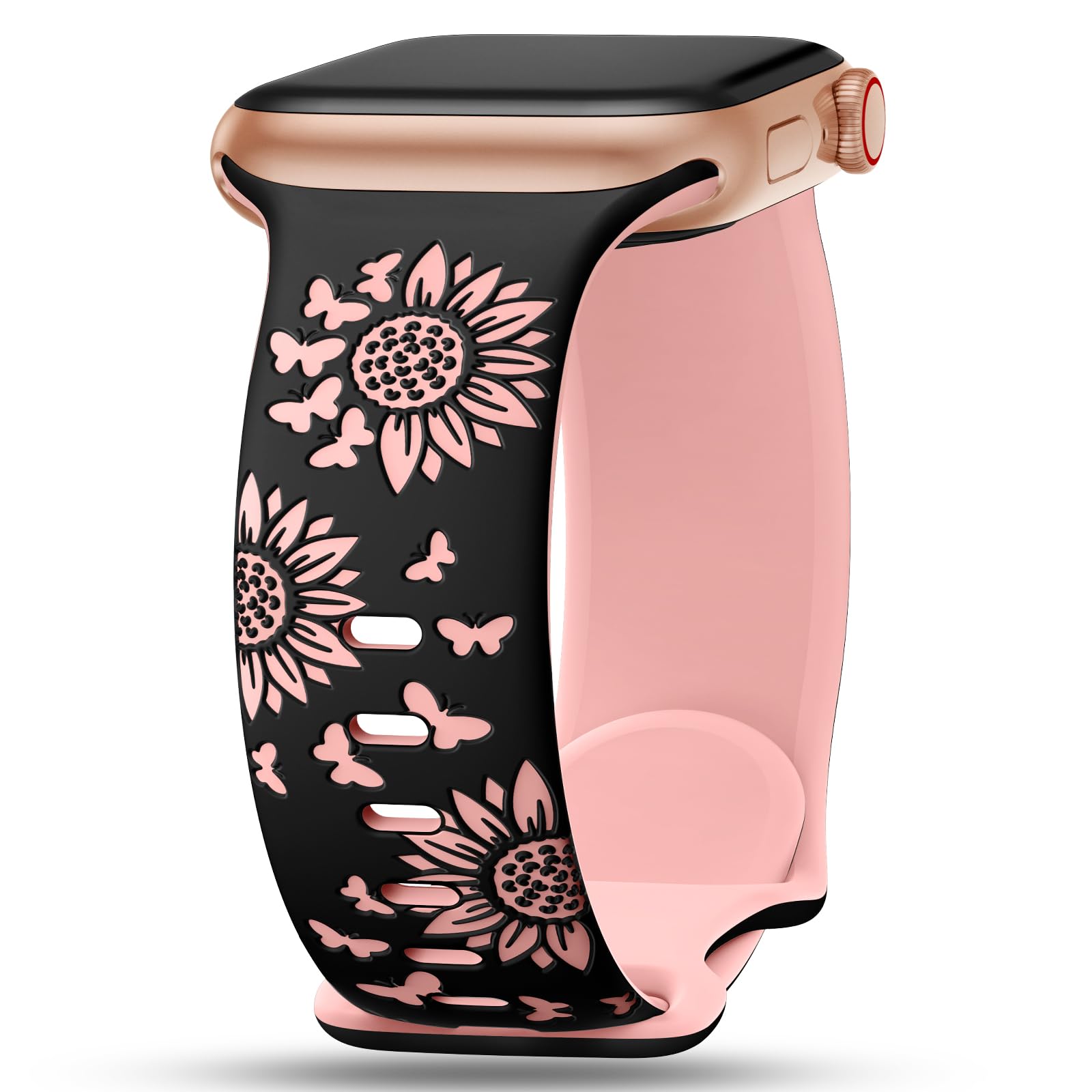 Sunnywoo Floral Engraved Band Compatible with Apple Watch Band 38mm 40mm 41mm 42mm 44mm 45mm 46mm 49mm for Women, Soft Silicone Strap Sunflower Bands