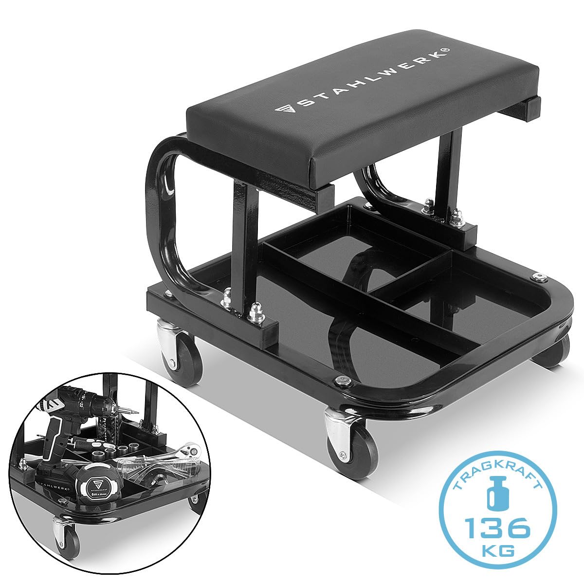 STAHLWERK Taburete de taller WRS-35 ST con capacidad de carga de 136 kg | Silla de taller | Taburete con ruedas | Taburete de trabajo | Silla de taller con ruedas de giro suave y prácticos