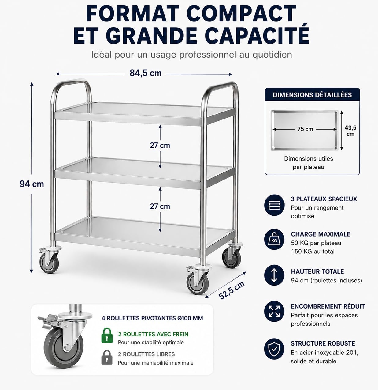 Chariot de Service INOX Professionnel 3 Niveaux – 84,5 x 52,5 x 94 cm – Charge 150 kg – 4 Roues Pivotantes 2 avec Freins – Desserte INOX Cuisine Professionnelle, Restaurant, Collectivité