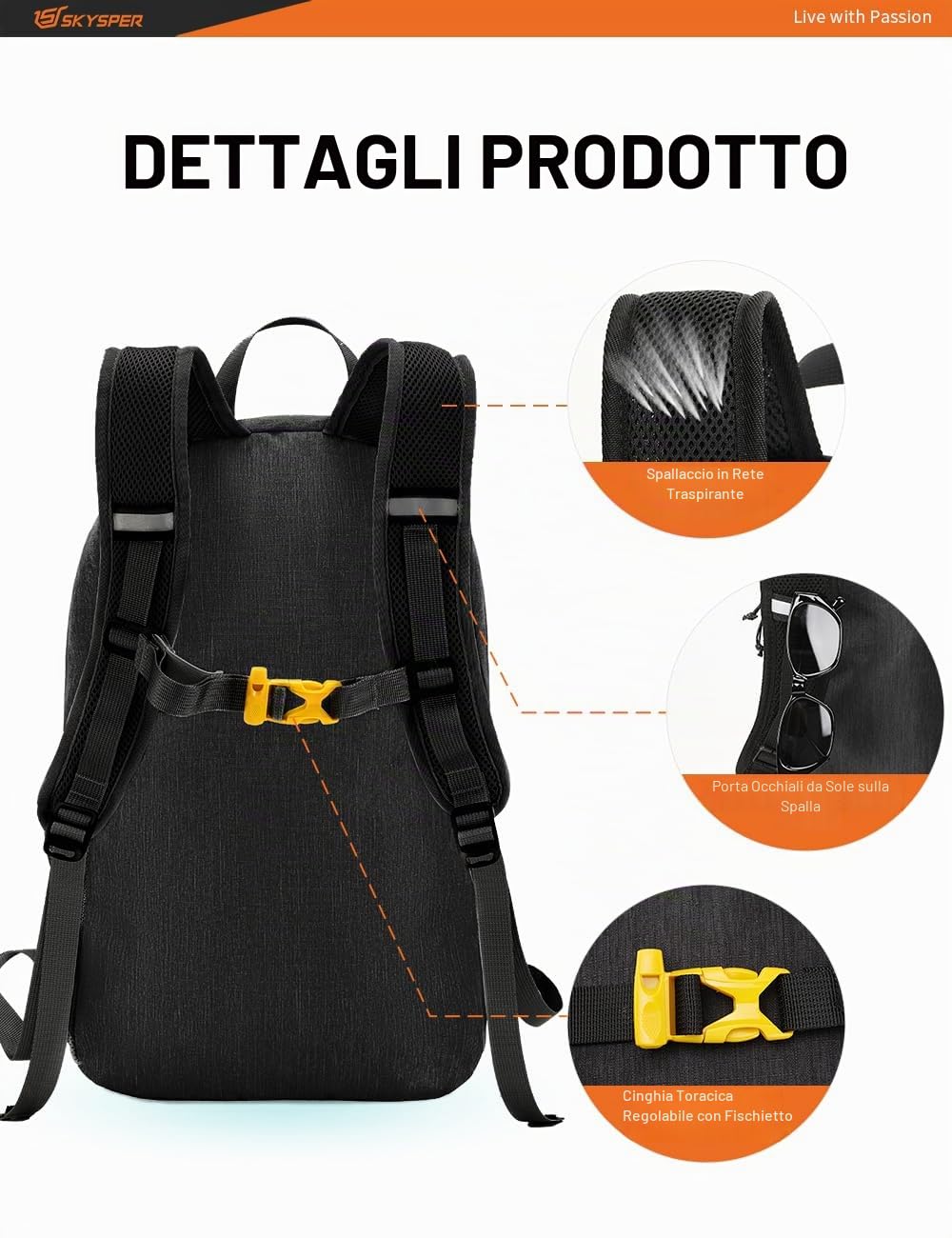 SKYSPER Zaino Leggero Pieghevole 20L, Zainetto Piccolo Uomo Donna con Cintura Pettorale Zaino da Hiking per Viaggio Escursione