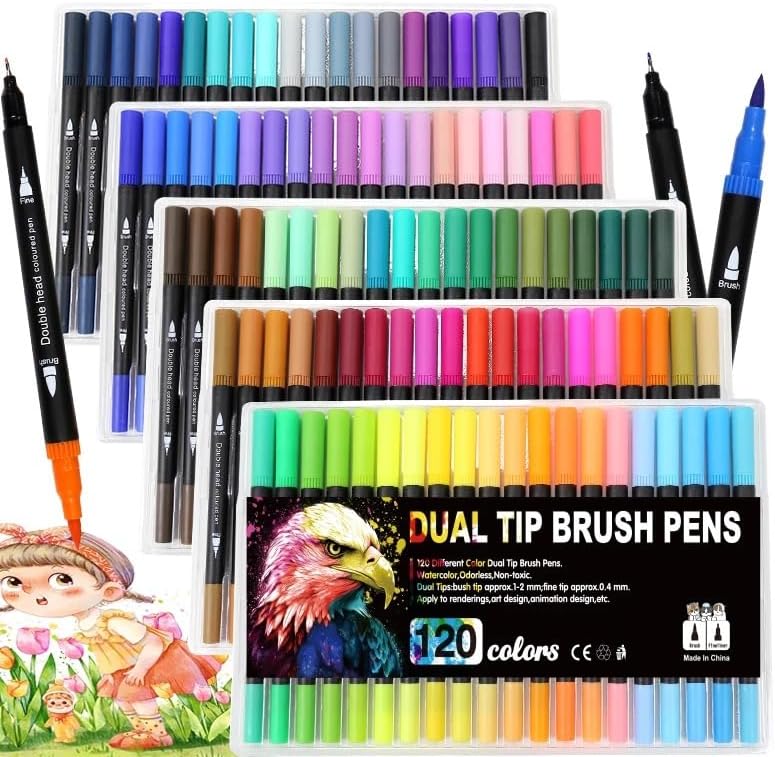 120 rotuladores de pincel suave para acuarela, punta de duelo, 120 colores, punta plana y fina, para dibujo de bricolaje