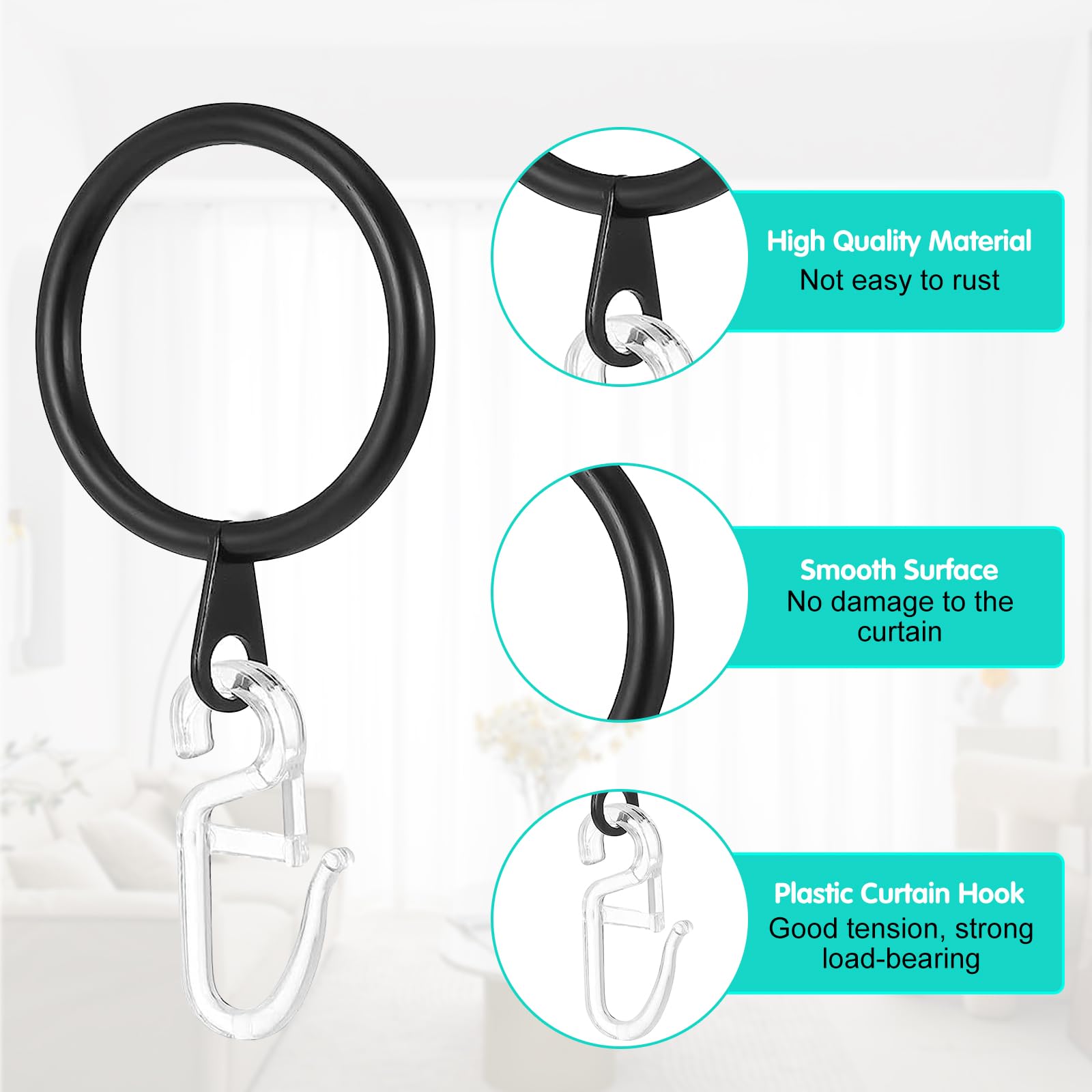 Anelli E Ganci Per Tende - 50 Pezzi Metallici E 50 Plastici, Nero/Trasparente - Foto 3
