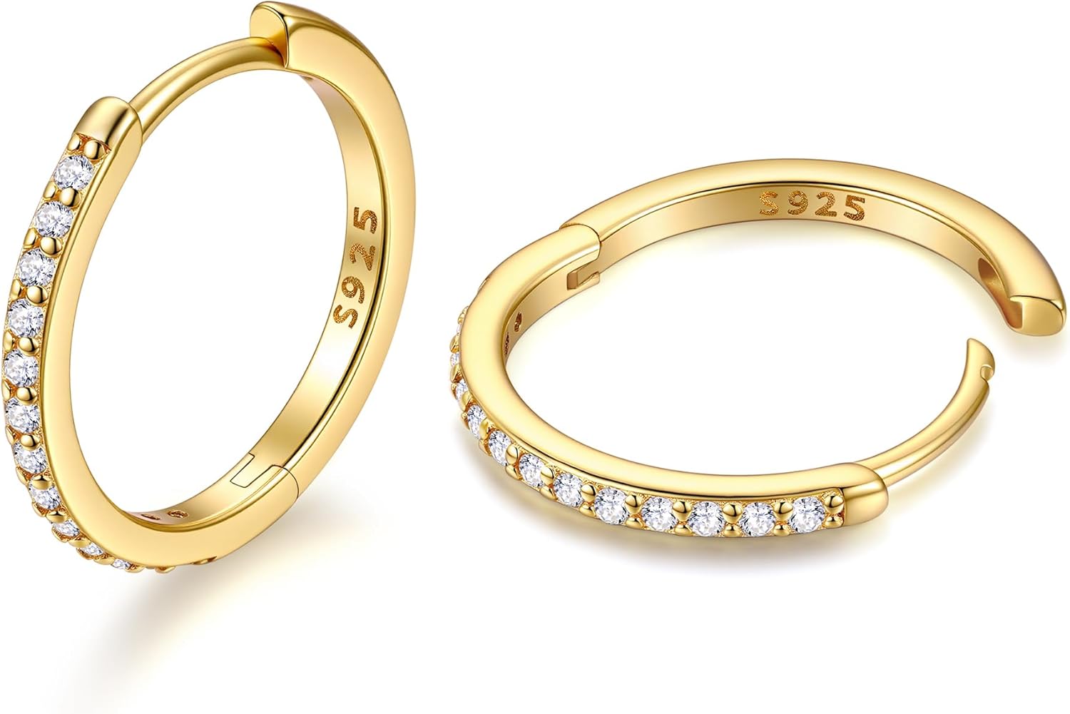 JustBeingCute Huggie Hoop Earrings Small Cubic Zirconia Hoop Earrings for Women White/14K Gold Plated Cuffs 925 Sterling Silver Huggie Hoop Hypoallergenic Dainty CZ Jewelry (8/10/12/14/16/18/20mm)