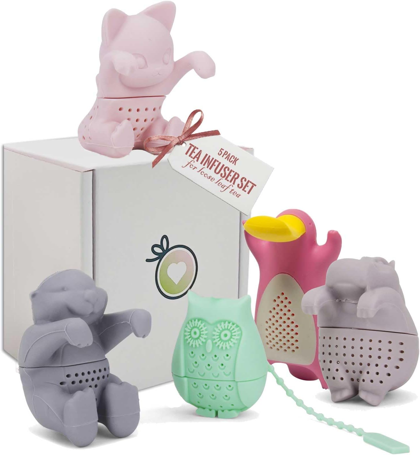 Tea Infuser for Loose Leaf Tea-leaves - ParTea Pack Silicone Strainer Animals, A Fun and Ideal Gift for Friends, and Family, 5-Pack Loose Leaf Steeper Set in Soft Multi-Color Designs