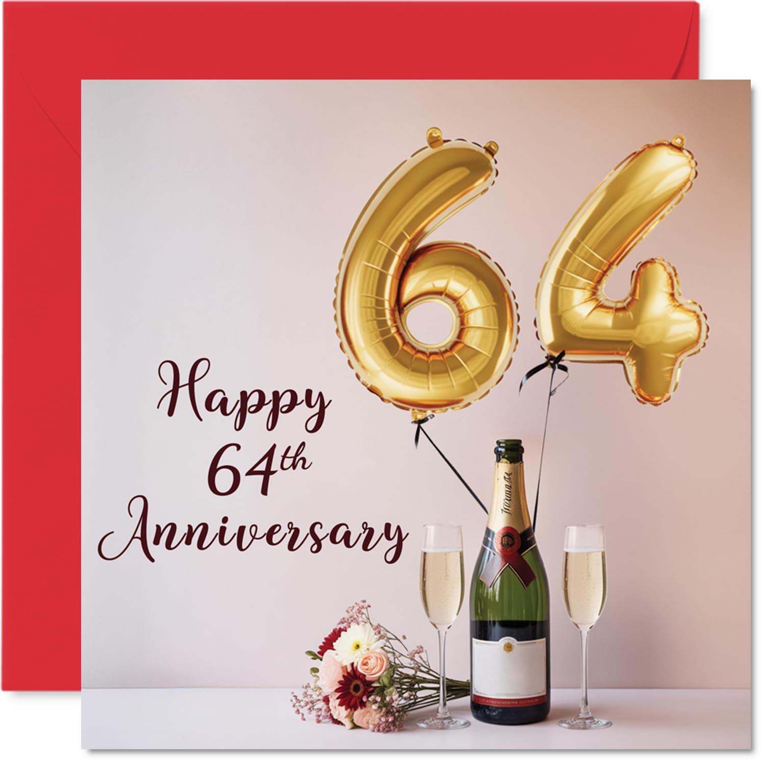 64th Anniversary Card for Women Men - Balloons & Bottle of Bubbly - Happy 64 Year Anniversary Card for Companion Wife Partner Husband, 145mm Wedding Anniversaries Greeting Cards