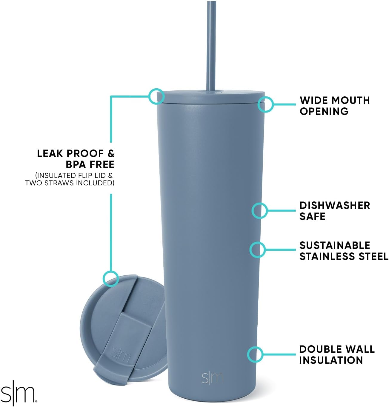 Simple Modern Insulated Tumbler with Lid and Straw | Iced Coffee Cup Reusable Stainless Steel Water Bottle Travel Mug | Gifts for Women Men Her Him | Classic Collection | 28oz | Blue Dune - Image 2