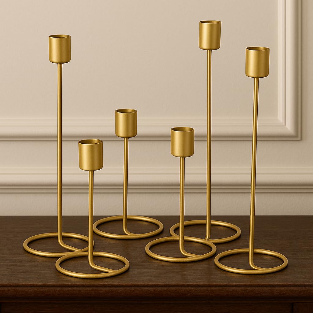 (Set of 6) Gold Metal Candle Holders for Home Decoration | Modern T-Light Stand for Living Room, Bedroom, Office & Gifting