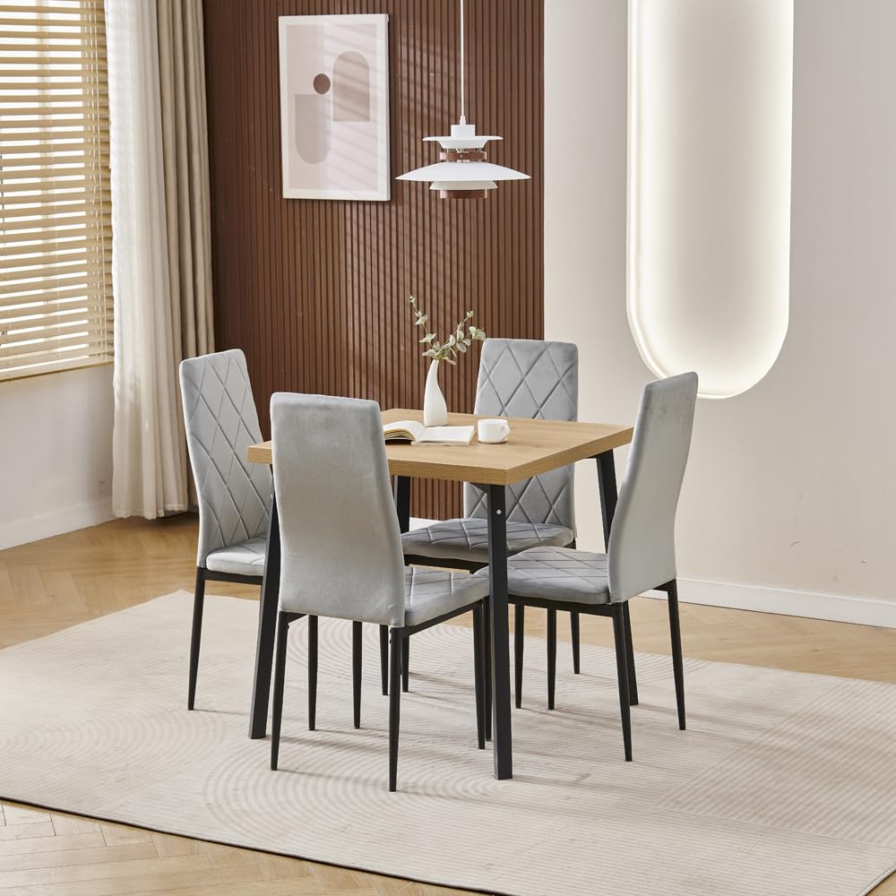 Redd Royal Small Square Wood Oak Dining Table and Chairs Set of 4, Modern 5-Pieces 75cm Kitchen Table with Chairs Set for 4 People