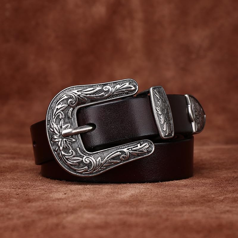Women's Vintage Leather Western Belt - 2.4cm Wide, Engraved Floral Buckle, Cowgirl Waist Strap For Jeans/Pants/Dresses3