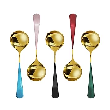 Mockery Soup Spoons, Stainless Steel Gold Colorful Round Head Table Spoons for Soup, 5 Piece Soup Spoons Set for Dinner Soup Cereal Dessert Fruit Dishwasher Safe