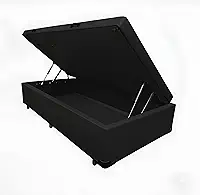 Cama Box Baú Solteiro, Blindado, Pistão a Gás. Pés de Madeira (Corino, Preto)