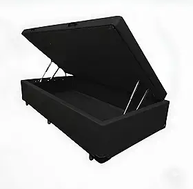 Cama Box Baú Solteiro, Blindado, Pistão a Gás. Pés de Madeira (Corino, Preto)
