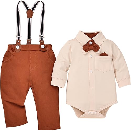 Baby Boy Clothes Gentleman Outfits Infant Bodysuit Long Sleeve Shirt with Bowtie Suspender Pants Suits Set 0-18M
