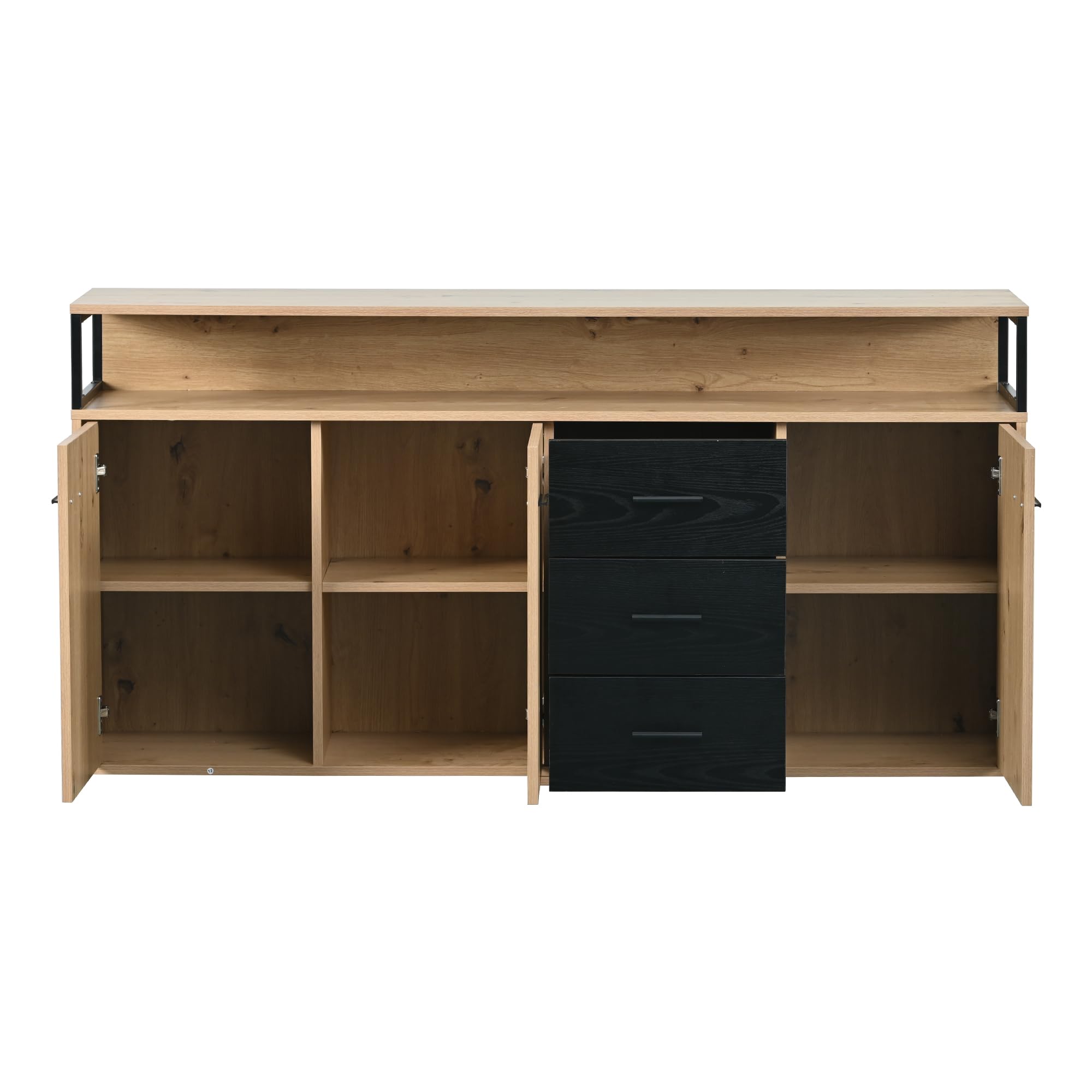 Aparador industrial con tres puertas y tres cajones, 150 x 35 x 75,9 cm, color negro y marrón, mueble de cocina con asas de metal, armario multiusos para dormitorio, salón, oficina