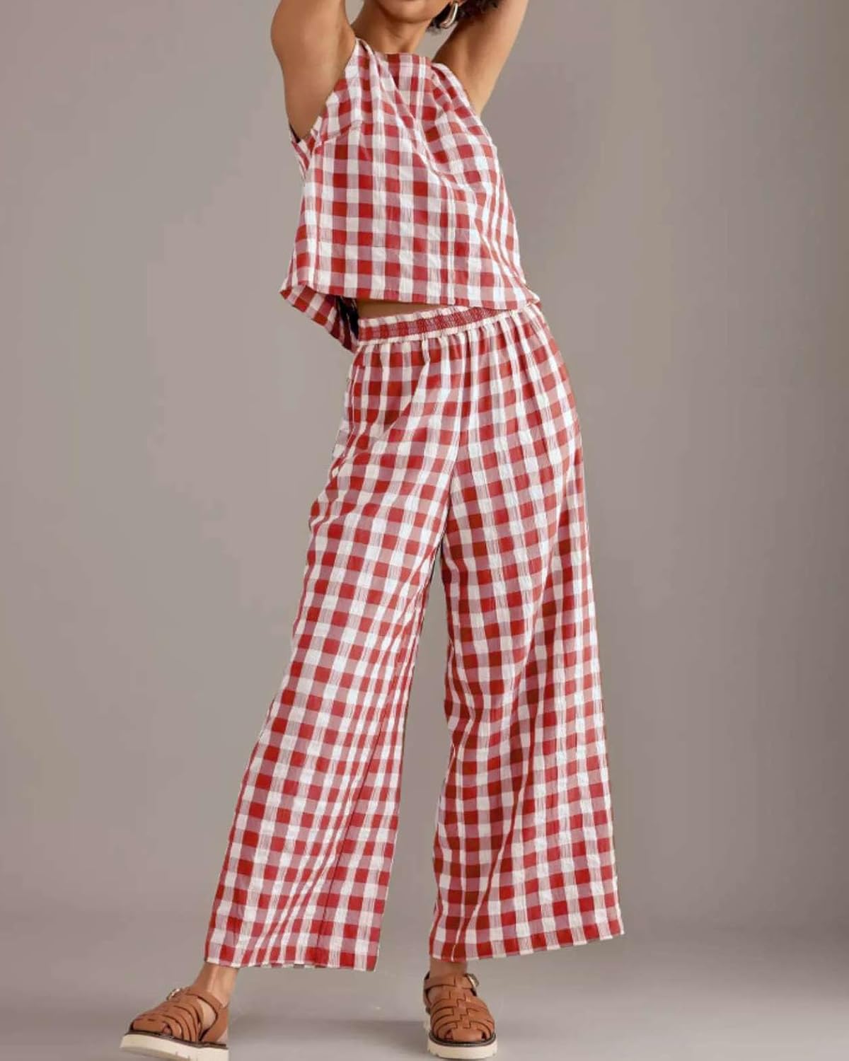 Women 2 Piece Outfits Cotton Gingham Pajama Set Y2K Plaid Sleeveless Top Wide Leg Pants Lounge Matching Set S-XXL Red - Image 2