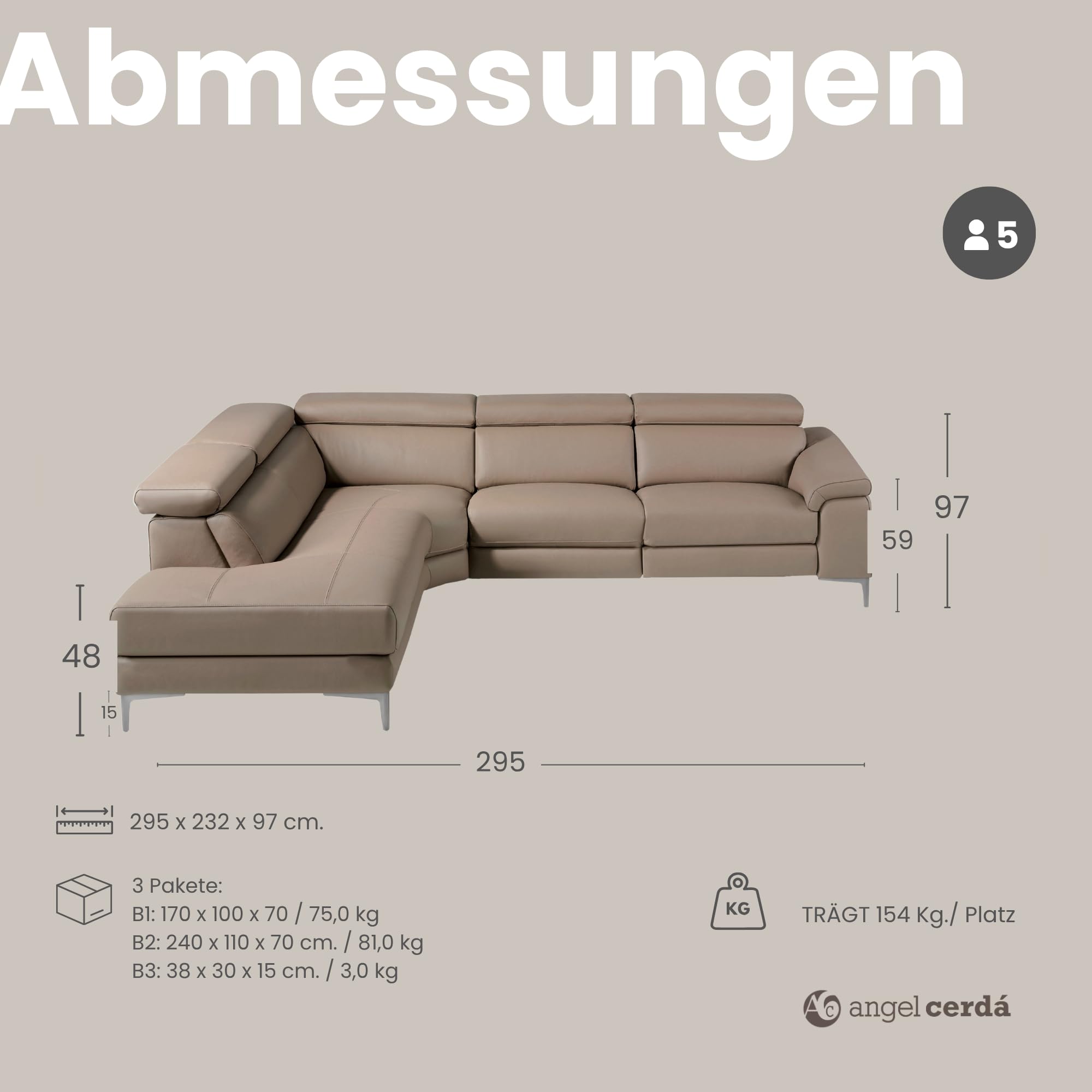 Angel Cerdá - Sofa Modern Ecksofa 5-Sitzer Links Leder Nerz
