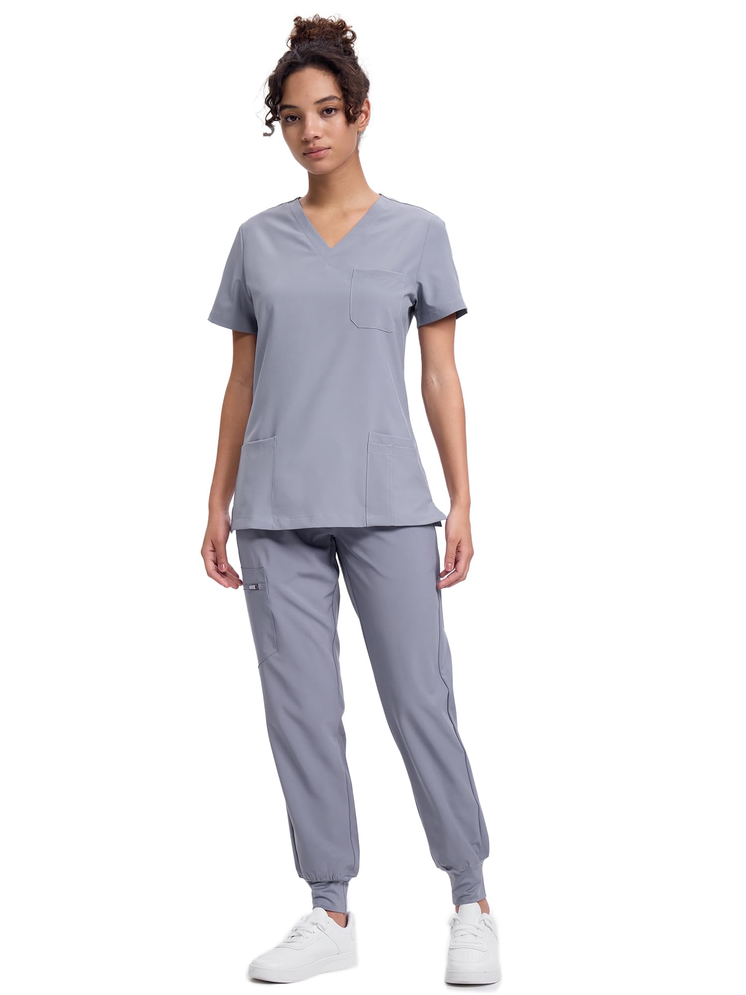 Floralhue Women's V-Neck Scrubs Top & Cargo Pants Set, 10 Pockets, Yoga Waistband, 4 Way Stretch