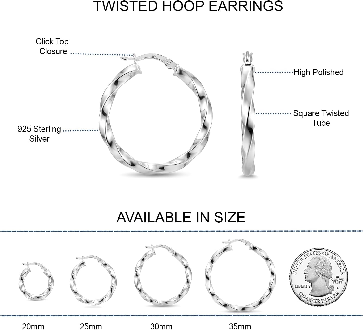 LeCalla 925 Sterling Silver Twisted Hoop Earrings for Women | Hypoallergenic Lightweight 2.5MM Square Tube Twisted Hoop Earring | Women's Classic Twist Click-Top Hoop Earrings Jewelry 20/25/30/35MM