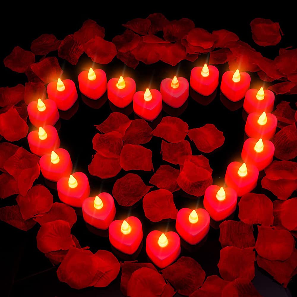 puseky 24 Pcs Heart Shape LED Candles Light and 1000 Pcs Artificial Rose Petal, Romantic Love LED Tealight Candle for Romantic Night Valentine's Day Anniversary Wedding Table Decor