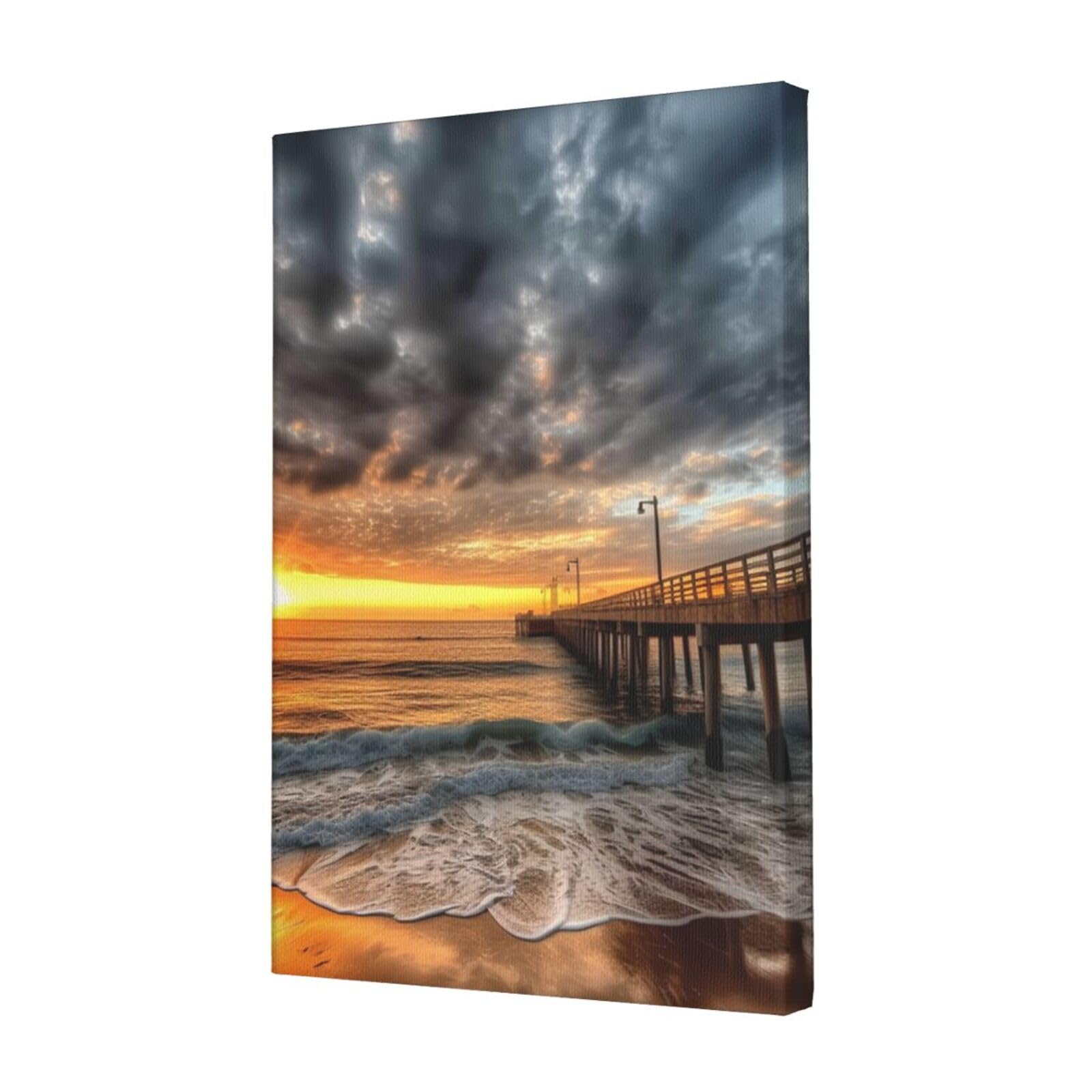 Beach Sea Bridge Clouds Sunset Canvas Wall Art for Living Room Wall Decor 12"x18" Modern Artwork Painting Pictures Hanging Canvas Prints Aesthetic Wall Art for Bedroom Bathroom Office Wallart Decor