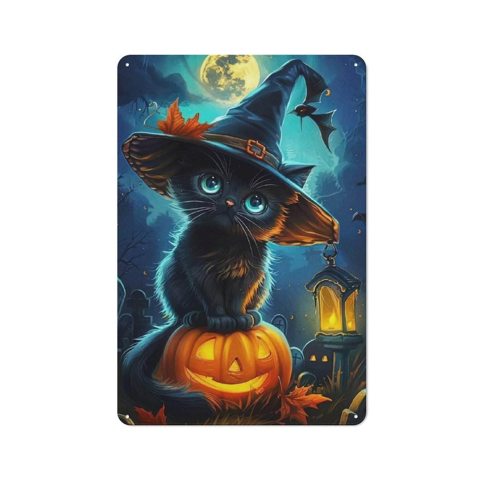 Junmoney Halloween Cat On Pumpkin Metal Plaque 30X20cm With For Pub Or Café, Rustic Decor, For Pub Decor Enthusiasts