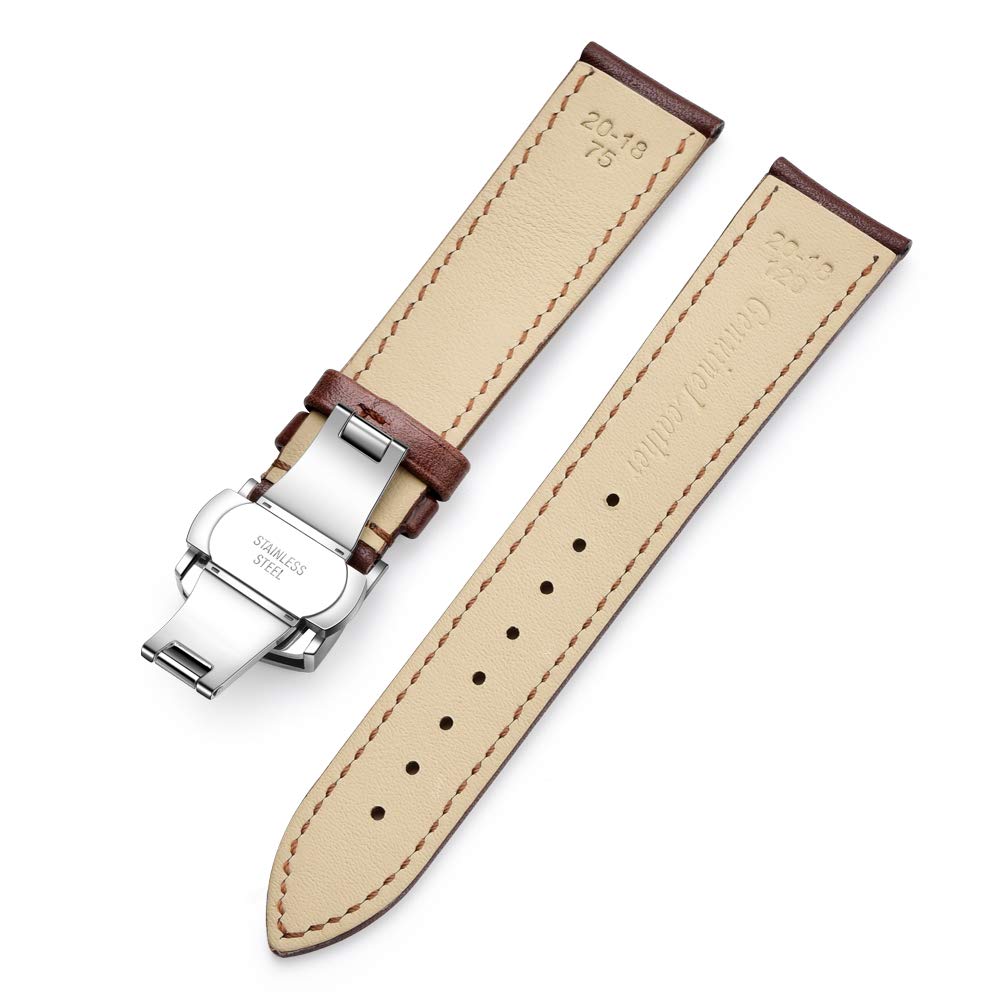 Skydon 18mm Watch Band, 20mm Watch Band, 22mm Watch Band, Genuine Calf Leather Black/Brown Watch Strap with Stainless Deployment Clasp