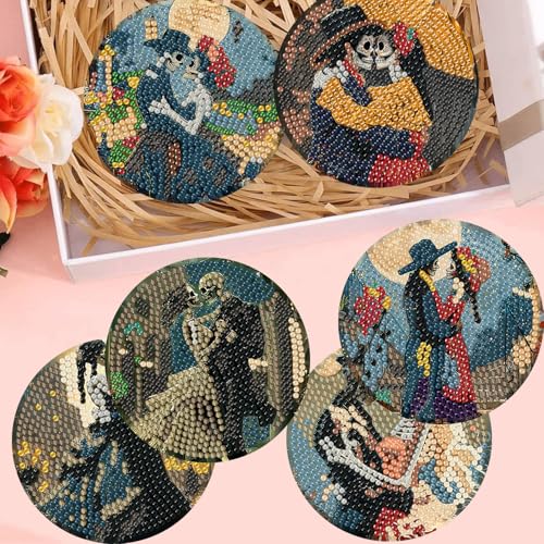 Zythron Skull Diamond Art Coasters Kits with Holder, 8 PCS Diamond Painting Coasters for Beginners, Romantic Skeleton Lover Diamond Painting Kits for Adults, Handicrafts Paint by Diamond, 4x4 inch — view 6