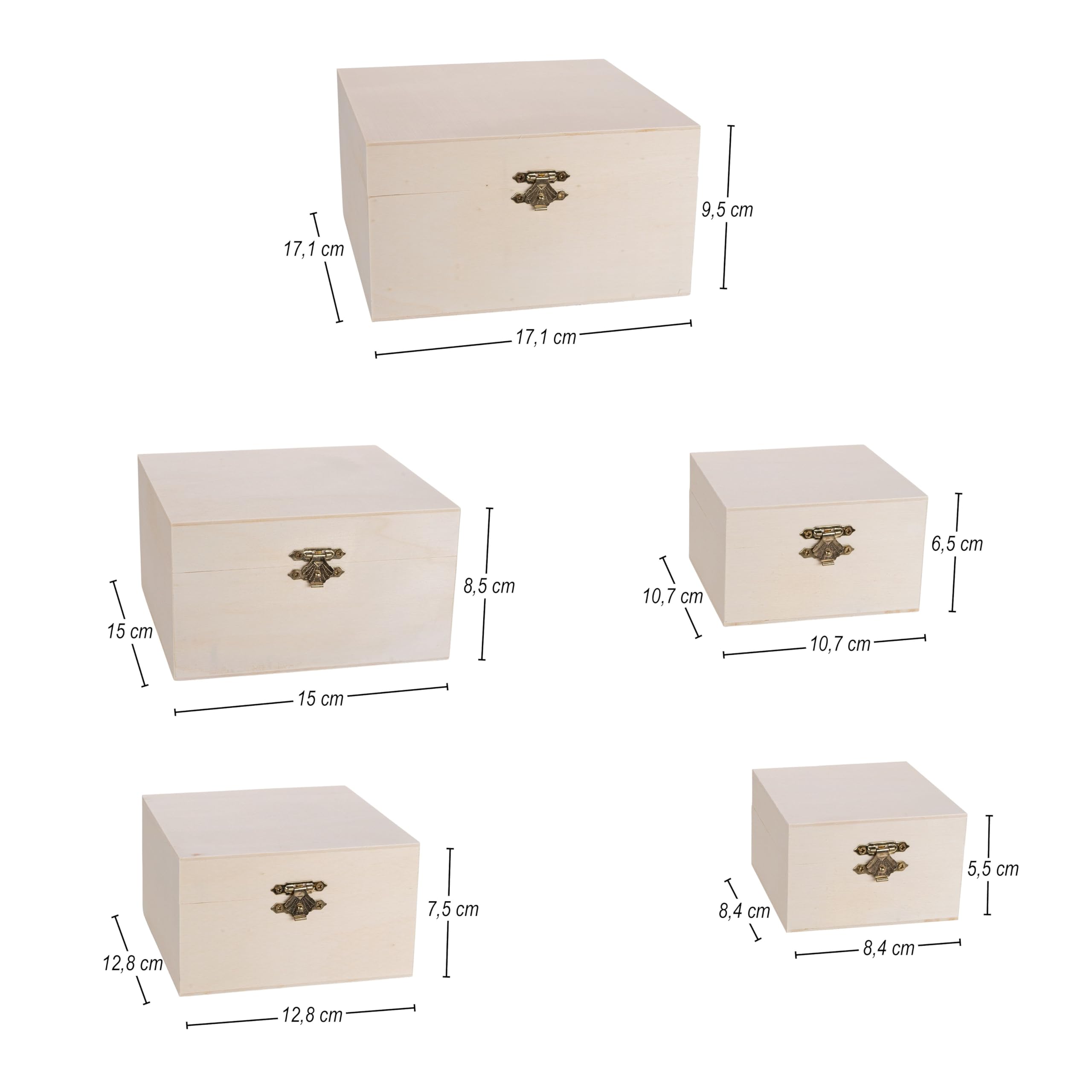 Ideen mit Herz Set di scatole in legno quadrate con coperchio e chiusura in metallo, 5 pezzi, varie misure