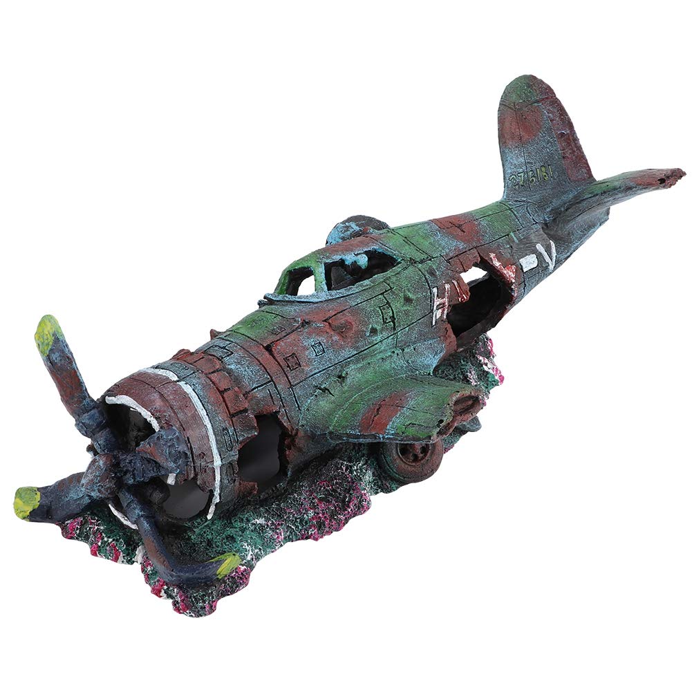 Bigking Aquarium Boat Ship,Resin Wreck War Plane Fighter Damaged Battleplane Fish Tank Aquarium Ornament Cave Decoration