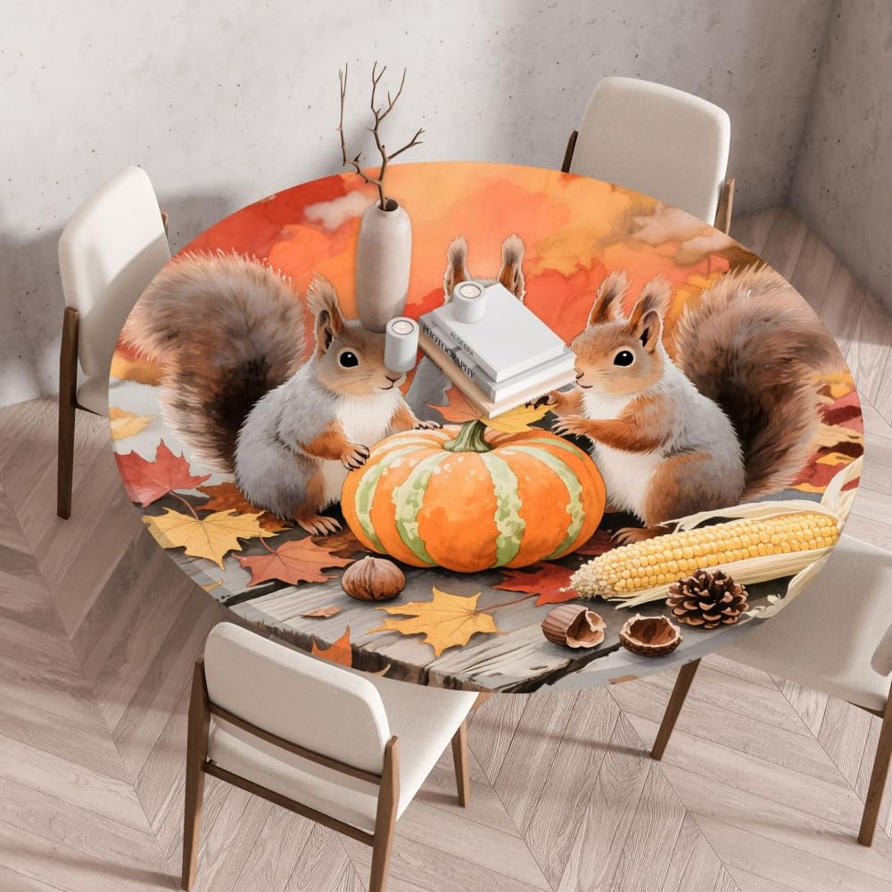 Odot Elastic Edged Round Fitted Tablecloth Autumn squirrels Protector Wipeable Circle Tablecloth, Table Cover Wipe Clean for Kitchen Dining Room Picnic Tabletop (Maple Pumpkin 3,110cm)