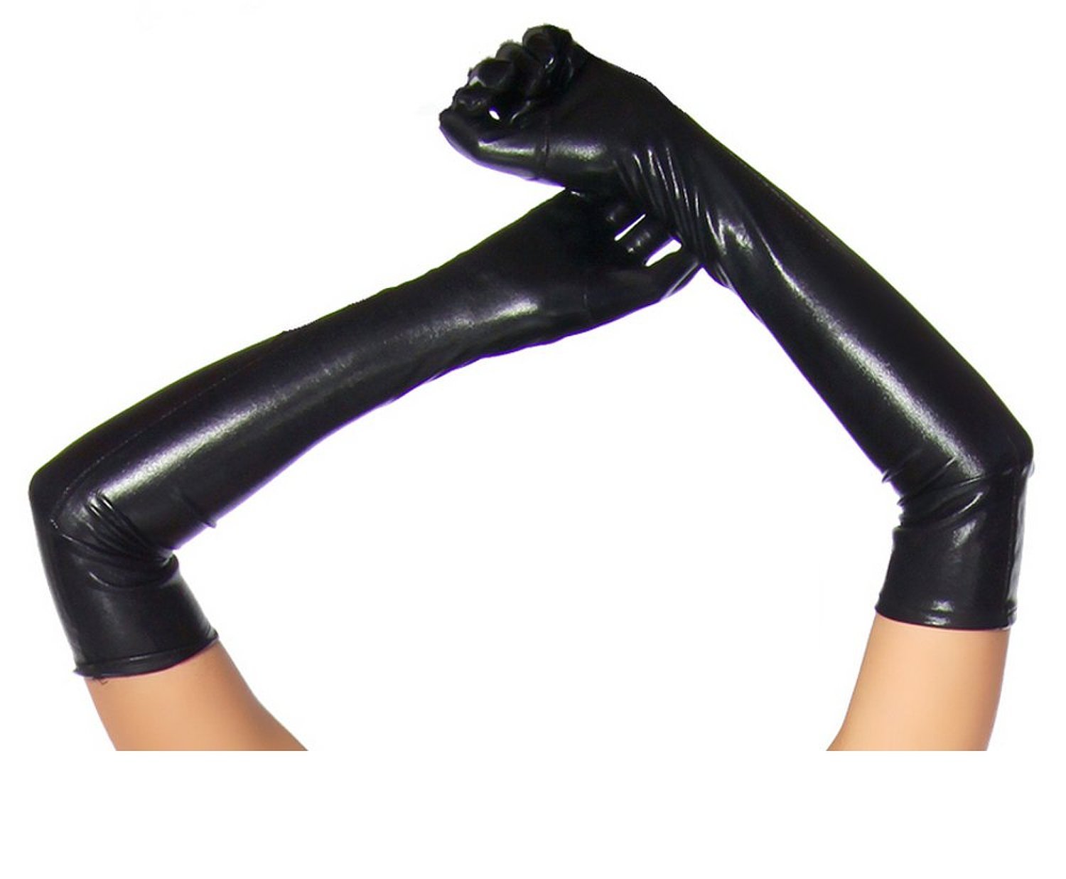 Krautwear® damskie długie, błyszczące, o wyglądzie wet look, skórzane rękawiczki wieczorowe, ok. 53 cm długości, czarny, jeden rozmiar