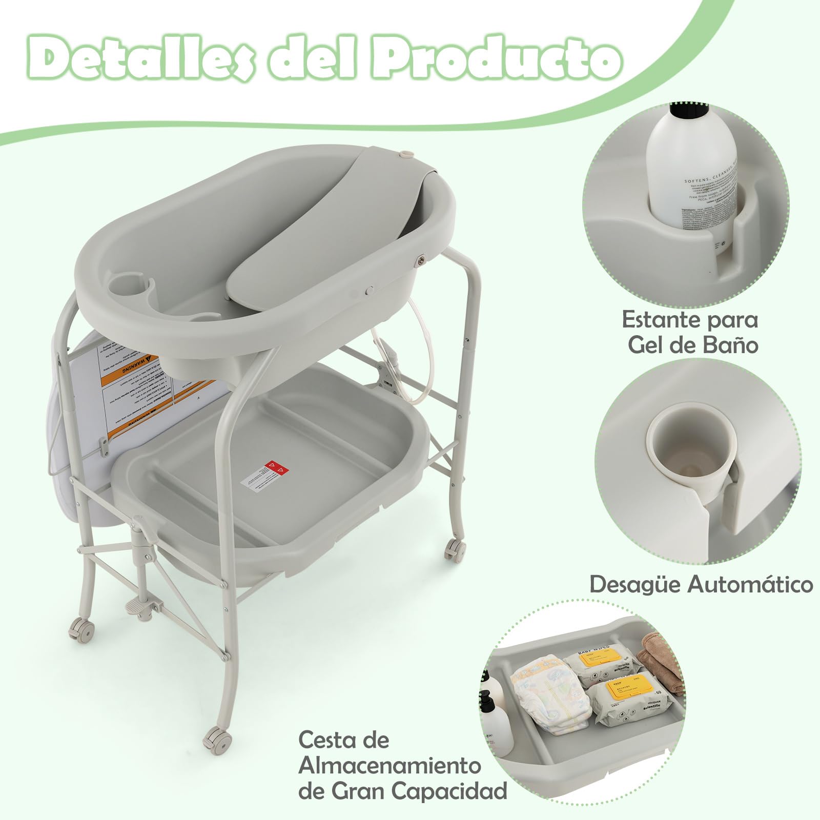 COSTWAY Bañera Bebe con Cambiador 4 en 1, Bañera Cambiador Bebe con Bandeja y 4 Ruedas Bloqueables, Cambiador Bebe Portátil y Plegable con Cesta de Almacenaje, Cojín Impermeable,Carga 35kg(Gris Claro)