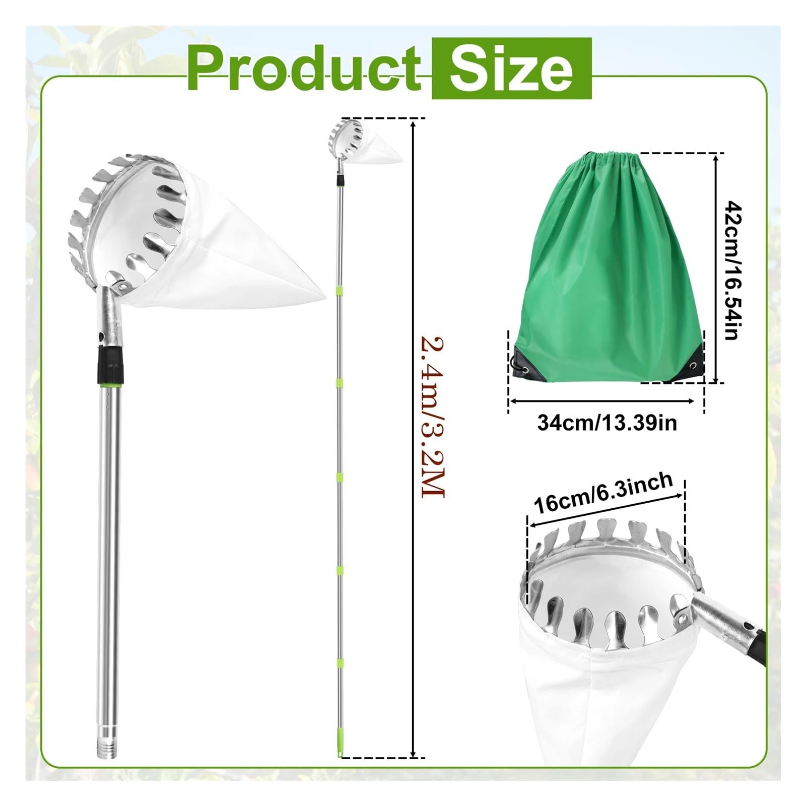 Cueille Fruit Telescopique Outil de cueillette Fruits en métal 3,2 m, Outil vergers Jardinage avec Sac Rangement(1.5M)