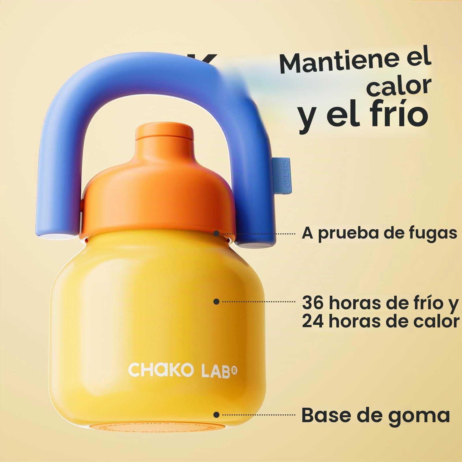 Botella de agua CHAKO LAB con pajita y asa de transporte | Botellas de acero inoxidable con aislamiento al vacío de boca ancha | Reutilizable, a prueba de fugas y sin BPA | 1 litro (Amarillo y azul)