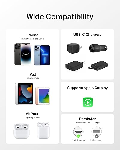 Miniatura 5 de Belkin Cable USB C con conector Lightning, 6.6 pies, cable de carga rápida suave, flexible, cable de carga Lightning para iPhone 14 y series