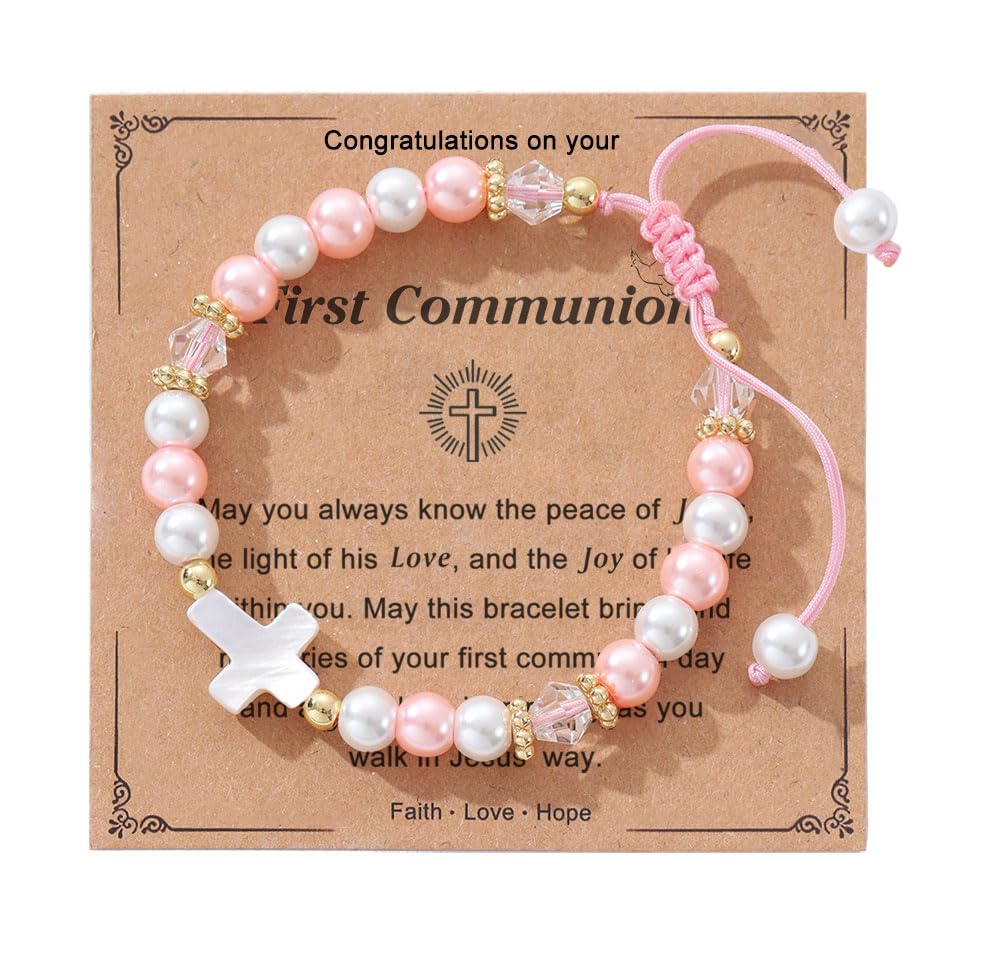 Image of Cross Pearl Bracelet, First Communion Gifts, Baptism, Easter Gifts for Teen Girls, Faith Christian Religious Bracelet for Girls