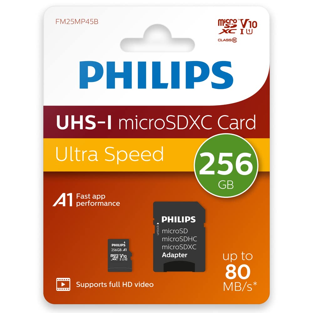 Philips Ultra Speed microSDXC Card 256 GB+adattatore SD UHS-I U1, velocità di lettura fino a 80 MB/s, A1 Fast App Perf,V10, scheda di memoria per smartphone,tablet,PC,lettore di schede,video Full HD