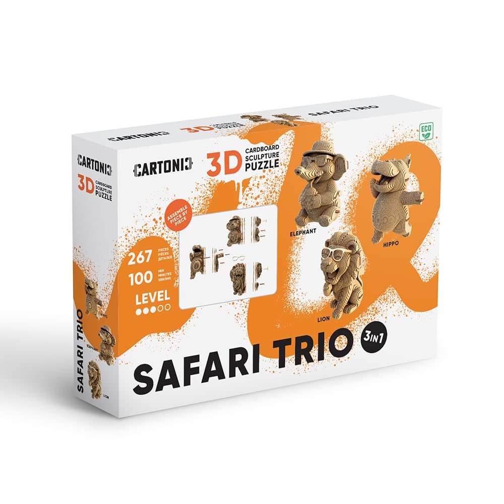 Safari Trio Puzzle 3D de Cartón – Set 3 en 1, 267 Piezas, Cartón Reciclado Sin Plástico, Escultura DIY para Pintar, Idea de Regalo | 267 piezas de cartón reciclado, kit de manualidades para pegar y pintar, para adolescentes y adultos, idea de regalo