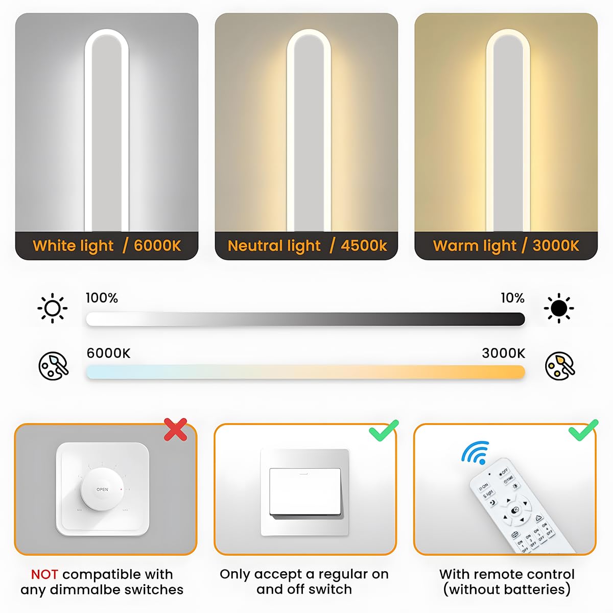 44W/120CM Applique da Parete LED Dimmerabile con Telecomando | Dimmerabile 10%-100%,3000K-6000K,Lampada da Parete Lunga Bianco 110-240V per Camera da Letto Soggiorno Hotel Scala Corridoio