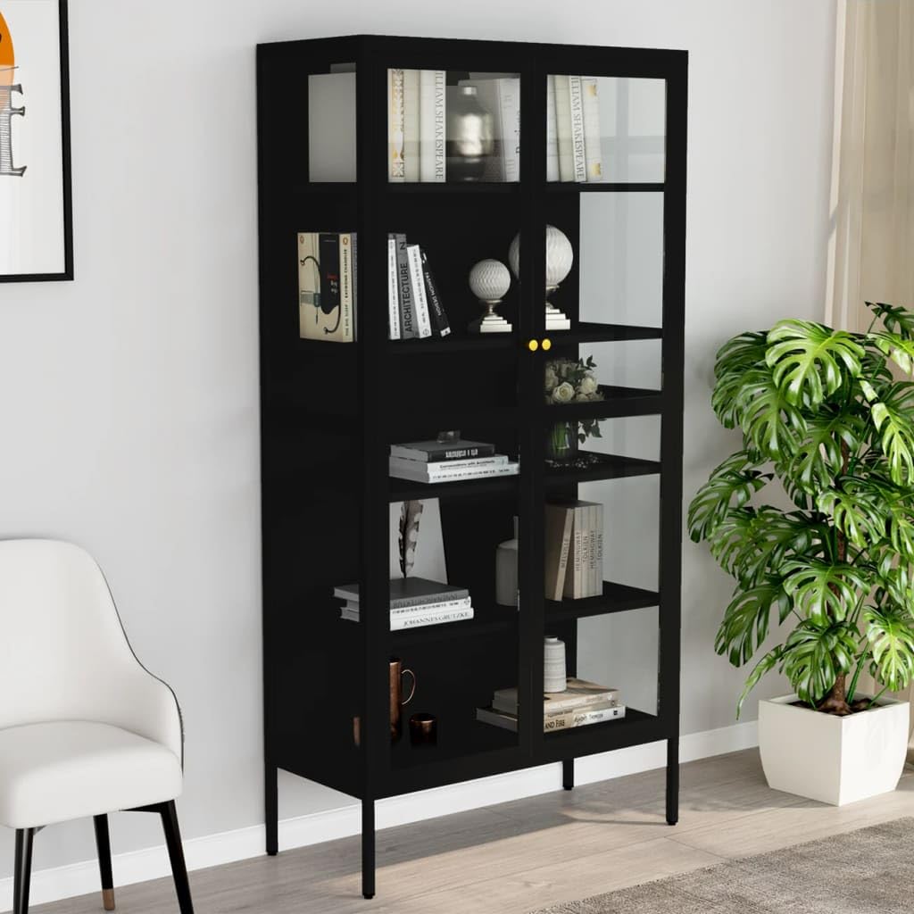 Vitrina negra 90 x 40 x 180 cm de acero y vidrio templado con 4 estantes ajustables para decoración del hogar y almacenamiento