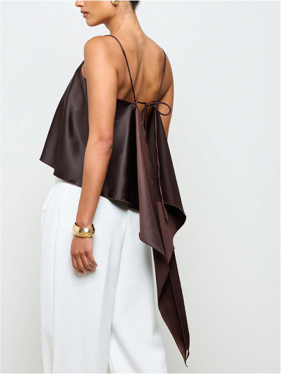 MakeMeChic Women's Satin Silk Camisole Spaghetti Strap Tie Backless Tank Tops - Image 2