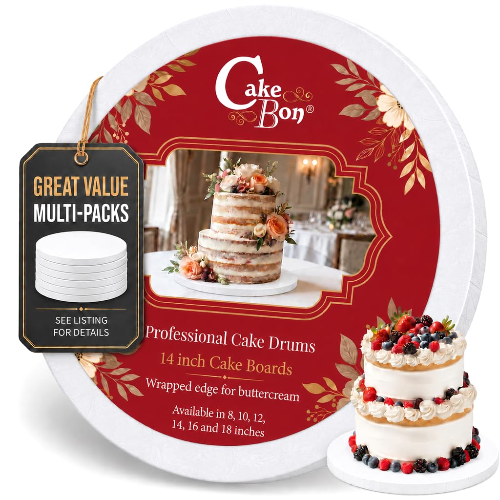 Cakebon Cake Boards 14" White Round Cake Drums 1/2" Wrapped Edge 1 Pack