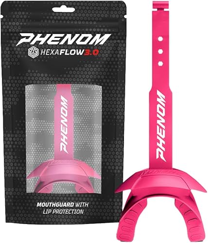 Phenom Elite Hexa-Flow - Protector bucal de fútbol 3.0  Edición rosa coral  Boquilla duradera para labios con correa  Ajuste cómodo  Adulto y joven
