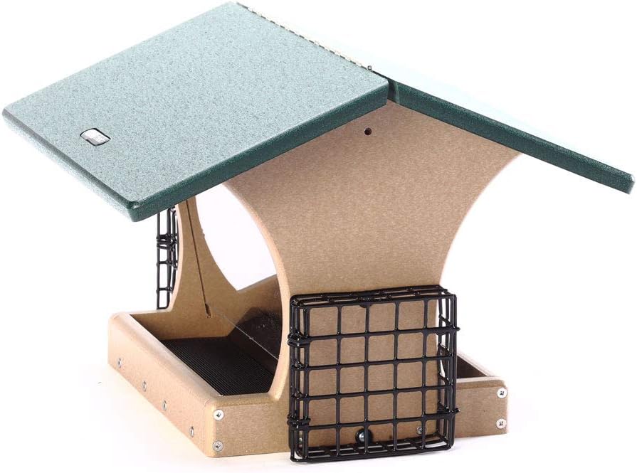 Birds Choice SN300-S Two-Sided Hopper Feeder, Recycled Bird Feeder w/ Two Suet Cages, Large, Taupe/Green