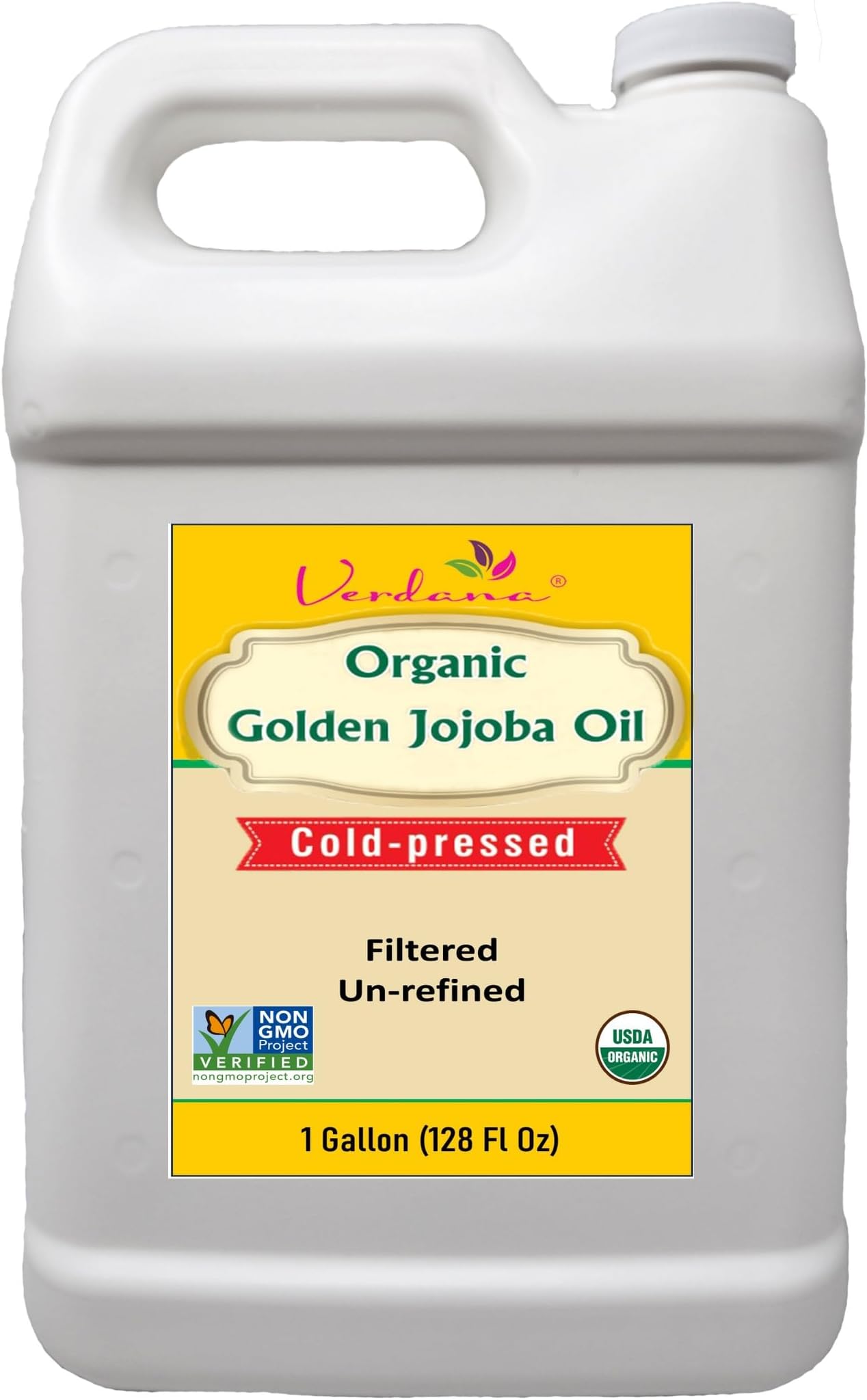 Verdana Organic USDA Certified Organic Golden Jojoba Oil, Cold Pressed, Unrefined, 1 Gallon (128 Fl Oz) Bulk size