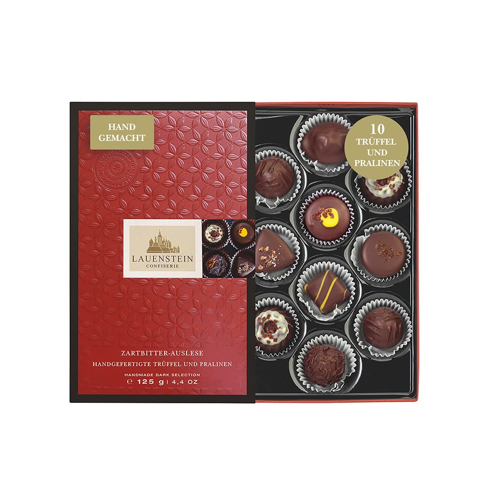 Lauenstein Confiserie Zartbitter Pralinen, 10 handgefertigte Pralinen mit Alkohol aus edler Zartbitterschokolade in einer Geschenkbox 125g mit 8 verschiedenen Pralinensorten