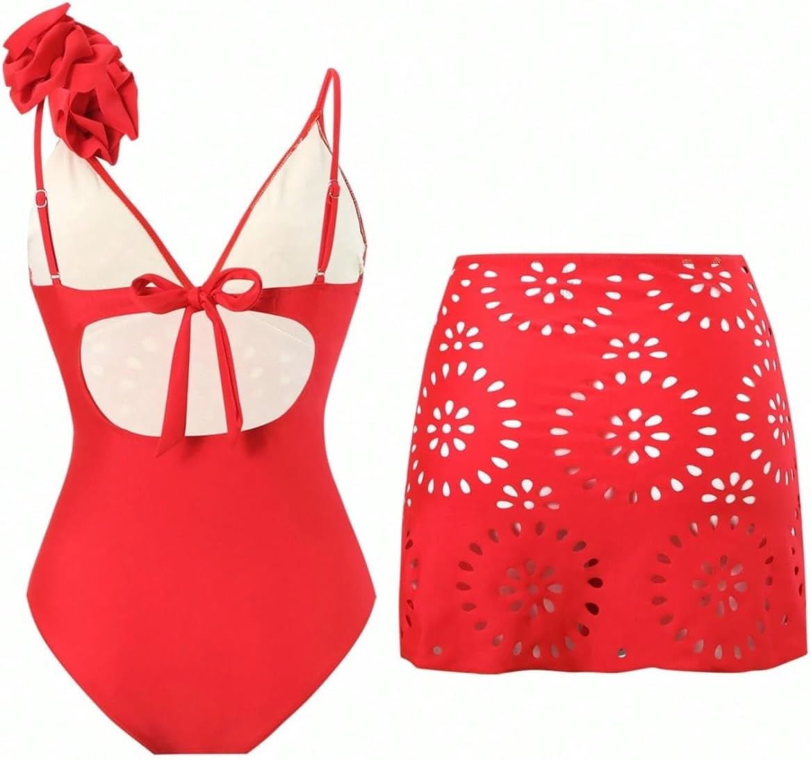 Summer New V-Neck Solid Color Floral 3D Decor Women 2 Pieces Swimsuit with Skirt, Red Eyelet Cutout One Piece Swimsuit
